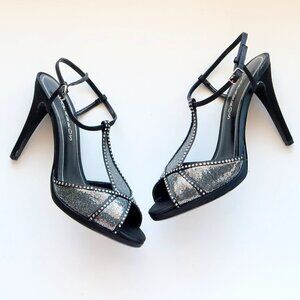 Caparros Black Satin & Rhinestone Slingback Peep Toe Heels Sandals Disco Shoes